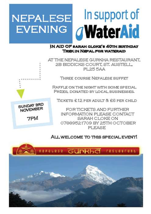Fundraiser for Sarah Cloke's trek to Nepal in support of Wateraid